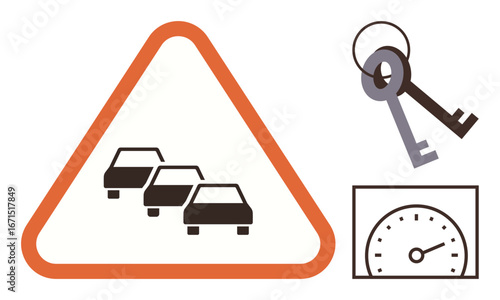 Triangular traffic sign with cars symbolizing congestion, paired with keys and speedometer highlighting driving safety, responsibility, and speed considerations. Ideal for road safety, driving tips