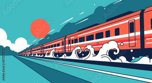 A graphic illustration of a speeding orange passenger train with stylized Japanese waves, traveling through a minimalist landscape under a red sun.