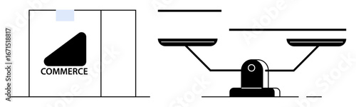 Commerce box beside a balance scale representing trade, fairness, and equality. Ideal for business ethics, decision-making, legal justice, e-commerce, equality logistics and market economy. Simple