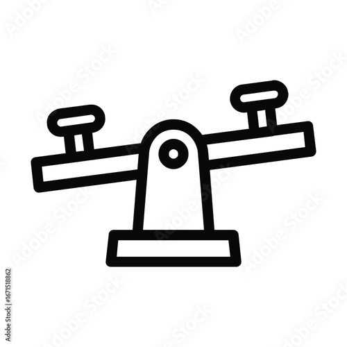 A lineart icon depicts a seesaw with seats at each end mounted on a base The arm is tilted. Editable stroke. Vector illustration