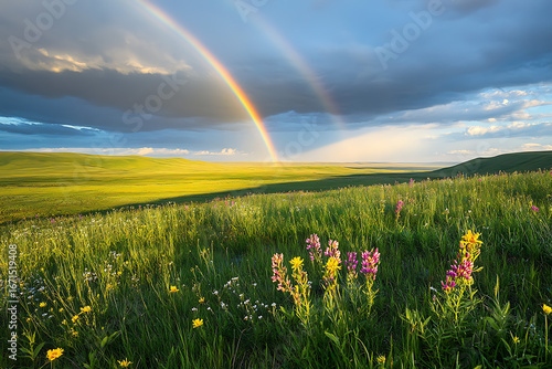 Rainbow over a green field with blue sky and clouds in a natural countryside landscape