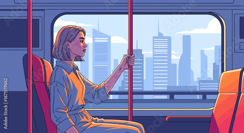 Illustration of a pensive woman commuting on a bus, looking out the window at the city skyline.