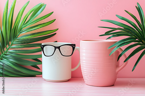 Cup of coffee and tea with flower on table isolated for breakfast beverage and decoration