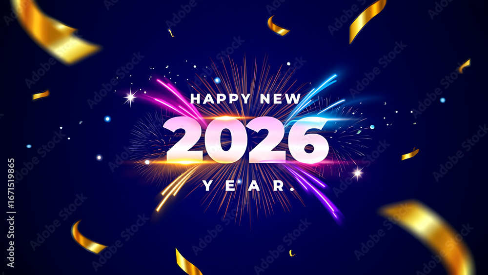 Fototapeta premium Celebrate the arrival of 2026 with dazzling fireworks and golden confetti, a vibrant and exciting start to the new year!