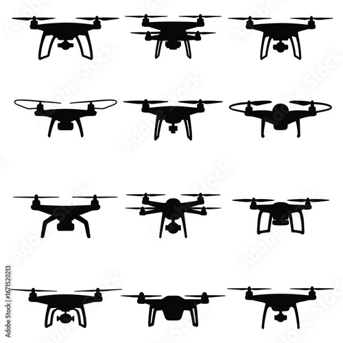 Drone silhouettes flying machine aerial vehicle quadcopter aircraft