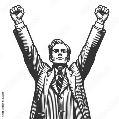 businessman in a suit raising his arms in triumph, symbolizing victory and achievement sketch engraving generative ai fictional character vector illustration. Scratch board. Black and white image.