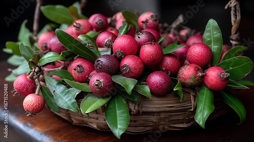A basket of freshly picked kokum fruits, with vibrant red skins, placed on a wooden table to showcase the vibrancy of tropical harvests.
