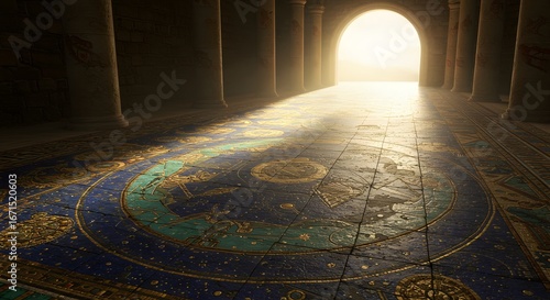 Ancient Temple Floor with Intricate Blue and Gold Celestial Pattern, Warm Light