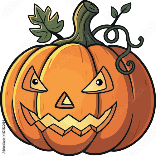 Cartoon Halloween Pumpkin Illustration with Spooky Face, Leaves and Vines on White Background 