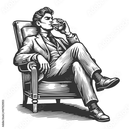man in a suit sitting comfortably in an armchair while drinking from a glass sketch engraving generative ai fictional character vector illustration. Scratch board imitation. Black and white image.