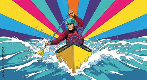 Illustration of a man canoeing in rough water with a vibrant, psychedelic background.