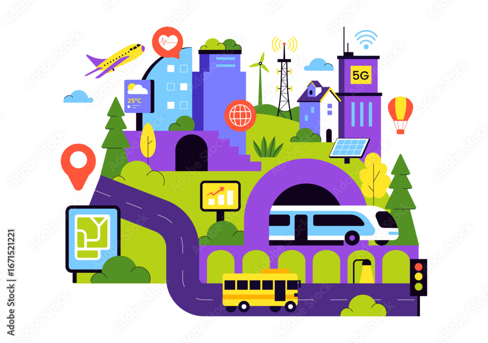 Obraz premium Smart City Infrastructure Illustration featuring an Urban Landscape with Buildings, Skyscrapers, Transportation, Internet, and Future Technology