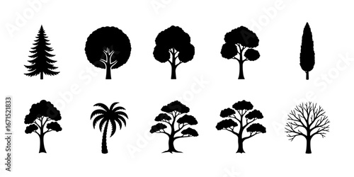 Collection of diverse tree silhouettes on white background