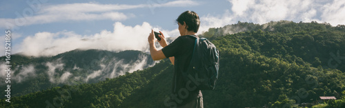 Obraz na plátně ecology travel with man solo travel and camping outdoor relax in rice field at c