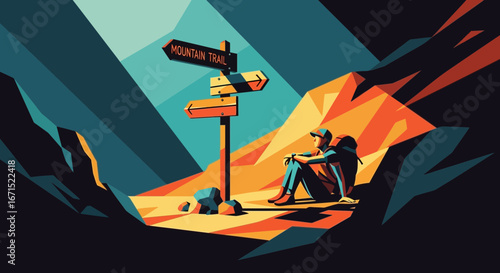 A hiker rests by a mountain trail signpost at a crossroads, contemplating their next direction amidst a stylized, geometric landscape.