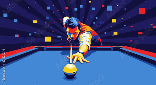 Vibrant, modern illustration of a man concentrating on a game of billiards, aiming the cue ball on a blue table.