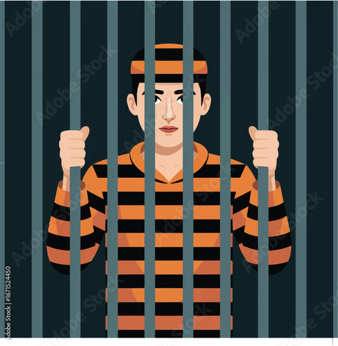 A prisoner behind bars wearing an orange and black striped uniform