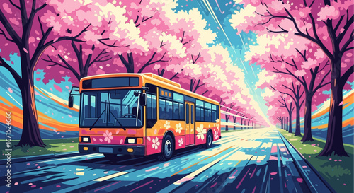 A vibrant anime illustration of a bus traveling down a road lined with beautiful pink cherry blossom trees in spring.