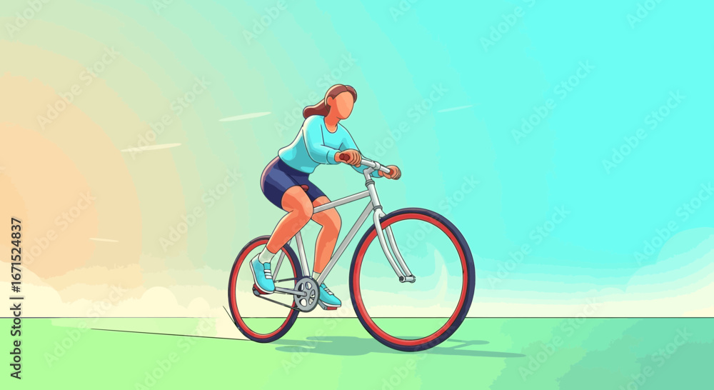 Obraz premium An illustrated woman in athletic wear rides her bicycle across a green field under a colorful gradient sky.