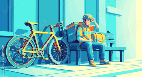An illustration of a tired bicycle courier in a helmet resting on a bench, taking a break from his delivery job in the city.