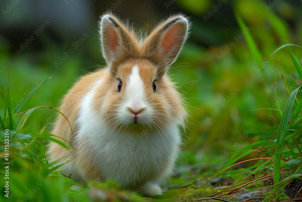 Fototapeta premium A curious fluffy rabbit with brown and white fur sits attentively in vibrant green grass.