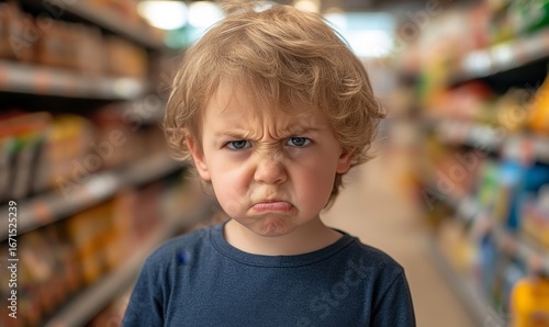 Portrait of an angry toddler in a supermarket, expressing frustration and impatience while shopping, Generative AI