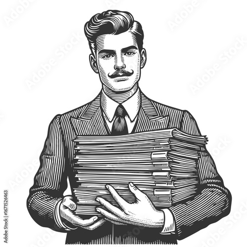 businessman in a suit carrying heavy stack of documents, symbolizing workload and responsibility sketch engraving generative ai fictional character vector illustration. Scratch board. Black and white.