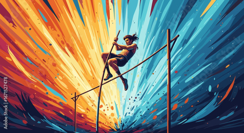 Dynamic illustration of an athlete pole vaulting, set against a vibrant, explosive background of contrasting orange and blue colors.