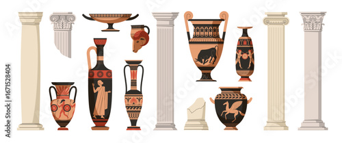 Traditional greek columns. Historical architecture elements and ancient pottery, mediterranean culture, art ceramic vases, museum exhibition historic objects, tidy vector isolated set