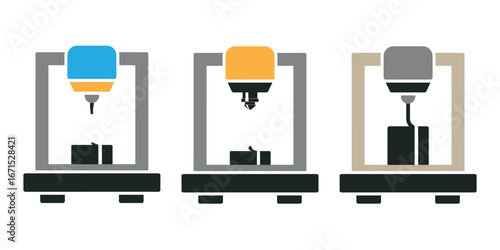 3D Printer and CNC Machine Vector Icons Set – Modern Additive Manufacturing Technology Illustration