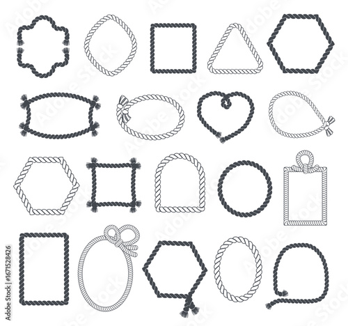 Silhouetted rope frames. Different shapes borders from tightrope, tassels at ends, decorative sea nautical cords marine elements circle, square and heart form, splendid vector isolated set