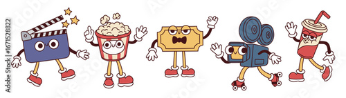 Movie characters. Groovy kino mascots, funny cinema elements with retro faces, hands and feet, filming, movie production, video camera, popcorn and drink, garish vector isolated cartoon set