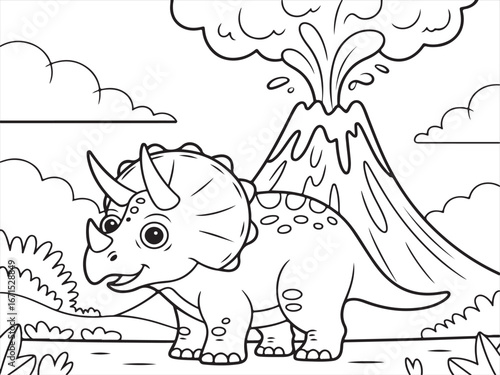 Triceratops in Volcanic Landscape – Fun Dinosaur Illustration for Kids to Color