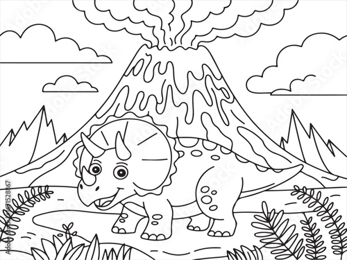 Cute Triceratops Dinosaur in Front of Volcano – Prehistoric Scene for Kids