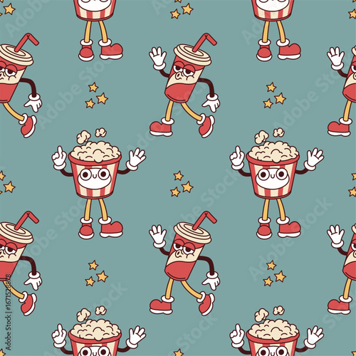 Groovy cinema characters seamless pattern. Cartoon retro mascots, repeated funny popcorn and soda drink with faces, textile, wrapping paper, wallpaper. Print for fabric garish vector background
