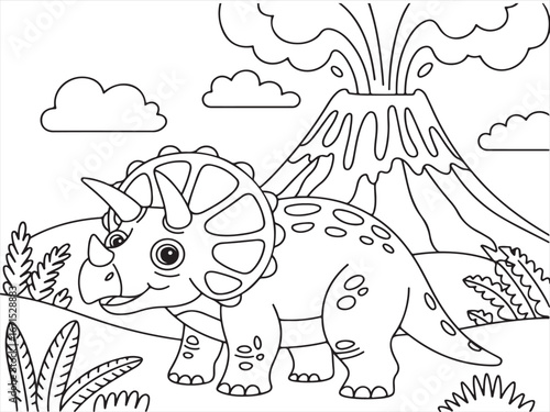 Triceratops Dinosaur with Volcano Eruption – Fun Prehistoric Scene for Kids’ Coloring