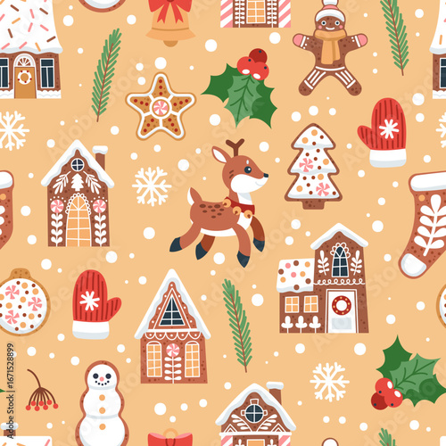 Gingerbread houses seamless pattern. New year and Christmas repeated symbols, sweet homemade pastry, glazed cookies. Textile, wrapping paper, wallpaper. Print for fabric tidy vector background