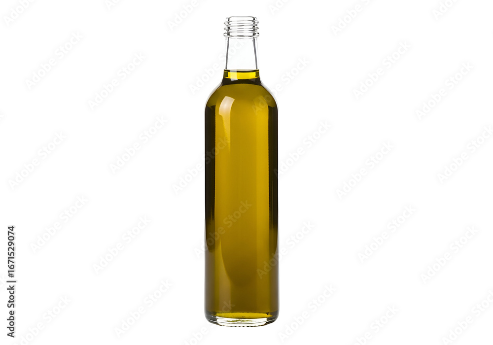 Fototapeta premium A clear glass bottle, filled with golden liquid, is presented against a black background.