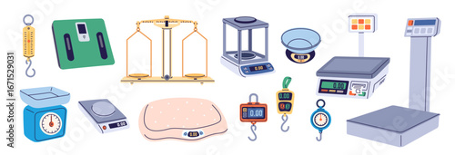 Different scales types. Weight measurement, cartoon electronic and mechanical devices, outdoor, cargo suspended, tabletop, electronic and analog libra equipment, garish vector isolated set