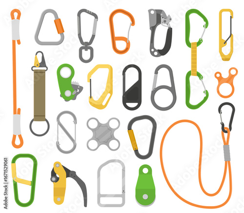 Climbing accessories. Mountaineering, bouldering equipment, guy ropes and carabiners, safety clip tools, grips stoppers, extreme sport and tourism supply qualitative vector isolated set