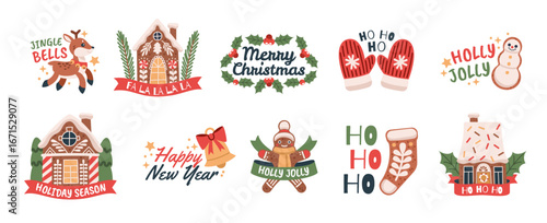 Christmas funny emblems. Holiday stickers with new year symbols, gingerbread houses, shapes, homemade sweet pastry, cute cookies, cards and posters design tidy vector cartoon isolated set