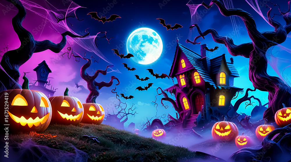 Fototapeta premium Halloween background with pumpkins, old house, creepy trees with cobwebs, bats against the moon and night sky