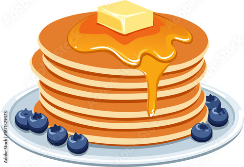 Wholesome flat design vector illustration of a stack of fluffy pancakes, with melting butter on top and maple syrup dripping down the sides, topped with fresh blueberries, appetizing breakfast food