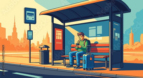 A young man with a suitcase and backpack sits at a bus stop shelter in a city, looking at his smartphone while waiting.