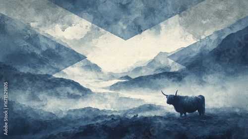 Scottish highlands landscape  with Highland cow and saltire