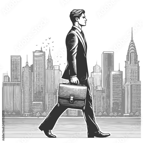 man in a suit and hat carrying a briefcase, walking in city sketch engraving generative ai fictional character vector illustration. Scratch board imitation. Black and white image.