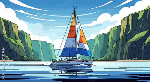 A colorful sailboat glides on calm water through a majestic fjord with steep green cliffs under a blue sky, depicted in a clean, illustrative style.