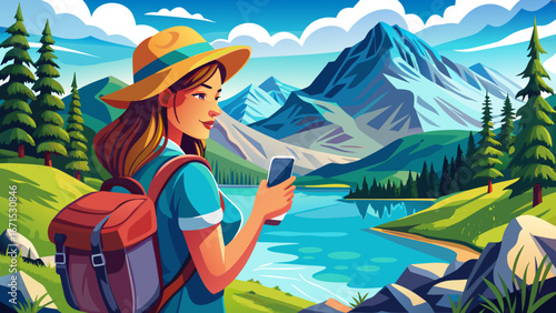 close up  portrait  Female tourist with backpack taking mobile photos of Kolsai mountain lake during summer vacation in Kazakhstan