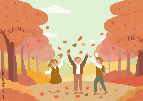 Young people enjoying the autumn foliage in the forest