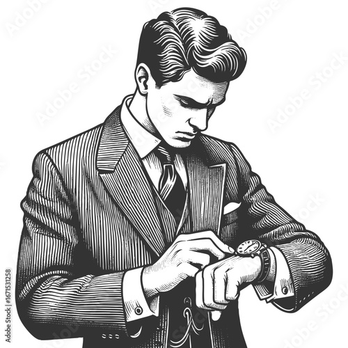 businessman in a suit looking at his wristwatch, symbolizing time management and punctuality sketch engraving generative ai fictional character vector illustration. Scratch board. Black and white.